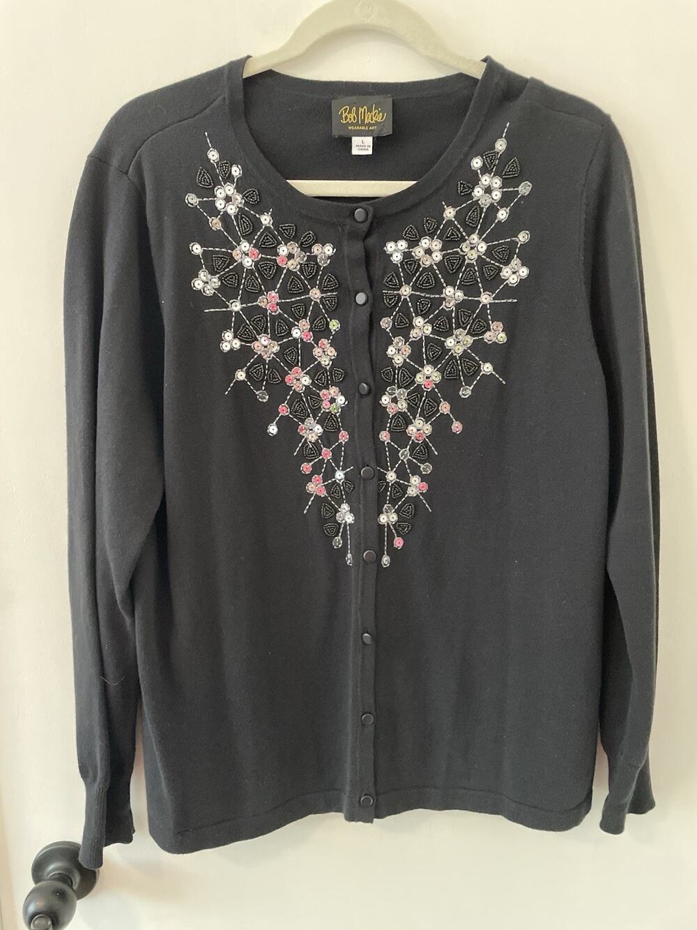 Bob Mackie Wearable Art Black Sequin Embroidered Cardigan Sweater Large 0056